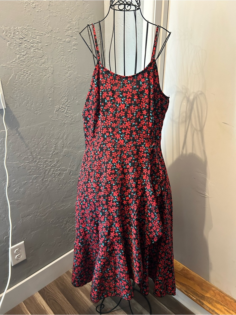 Floral Spaghetti Strap Midi Dress in Red and Black